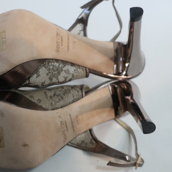 NWD Authentic Jimmy Choo Metallic Bronze Leather Lace Peep Toe Heels 38.5 US/8.5 - Picture 9 of 12